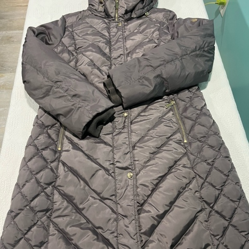 Michael Kors coat women’s large gray zip up long‎ coat jacket with hood